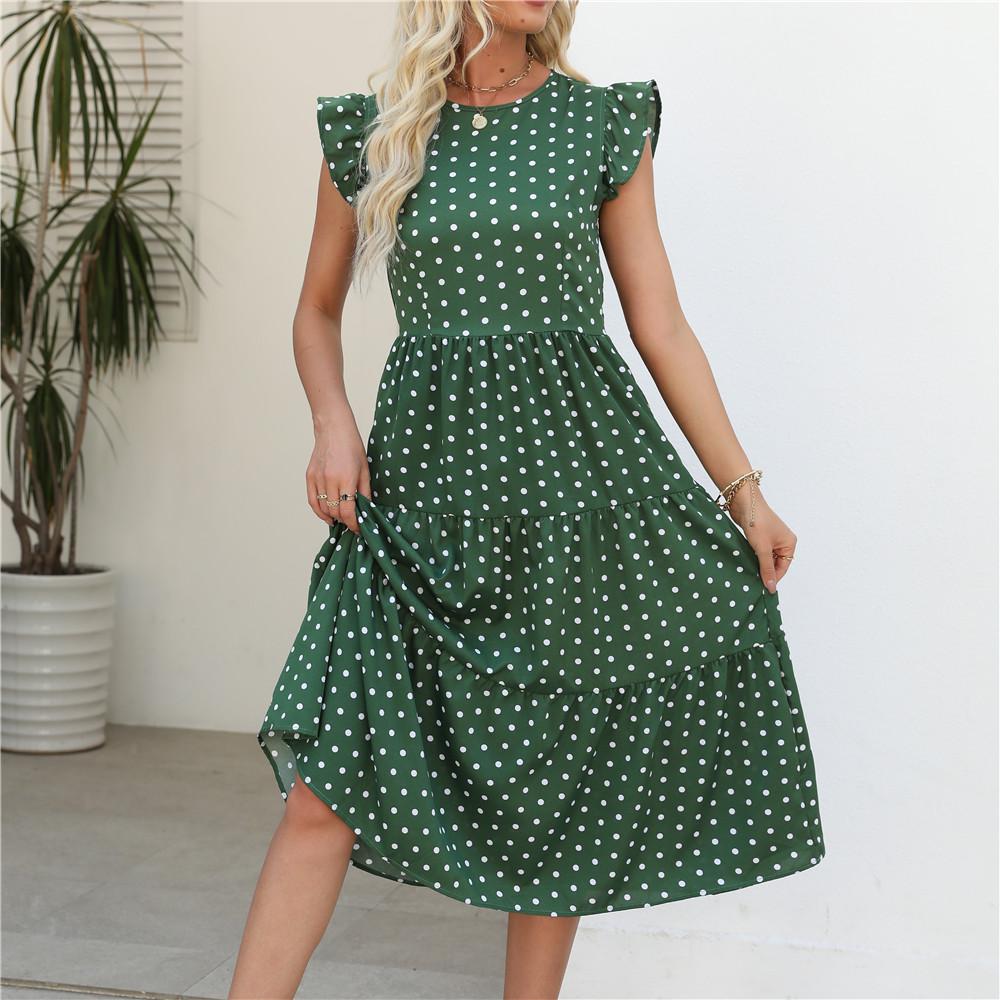 Polka Dot Print Summer Women Long Dress Round Neck Ruffled Sleeveless