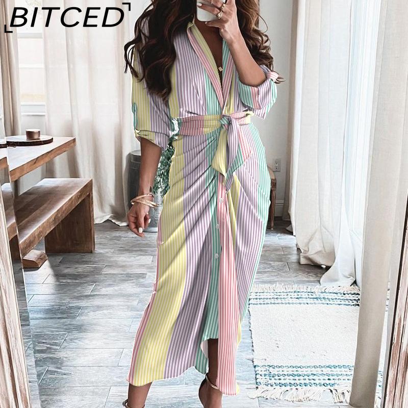 BITCED Женские летние платья с длинным рукавом и v-образным вырезом и пуговицами, длинные платья