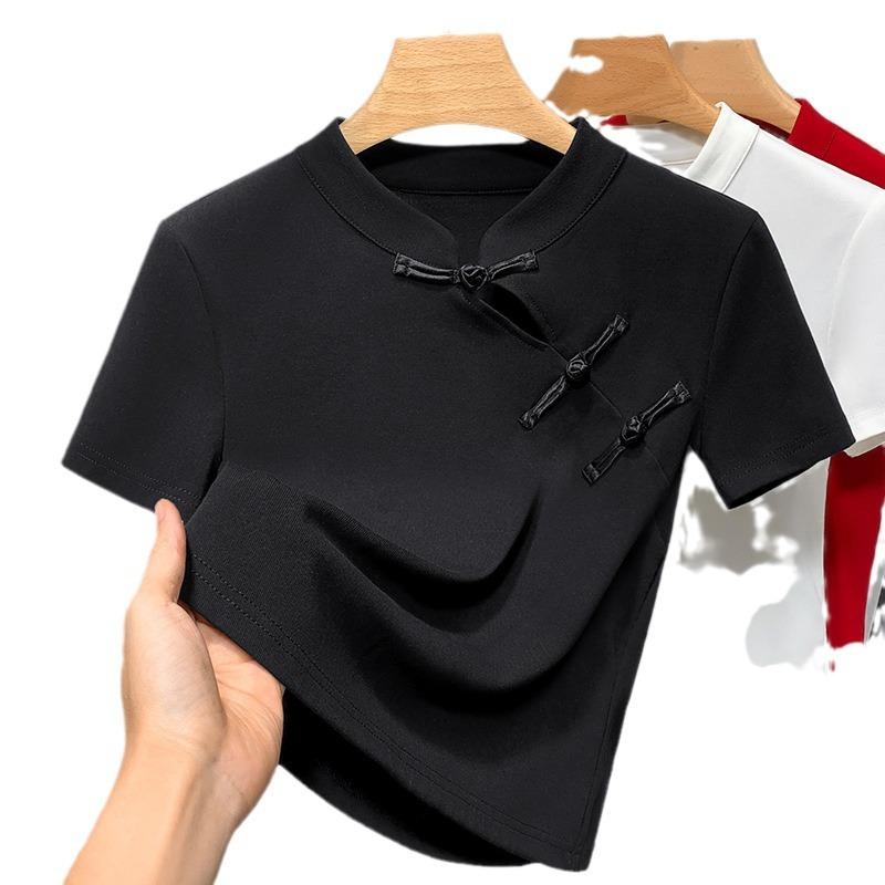 Новый топ с косой планкой на пуговицах в китайском стиле для лета, новая рубашка с воротником-стойкой в китайском стиле для женщин