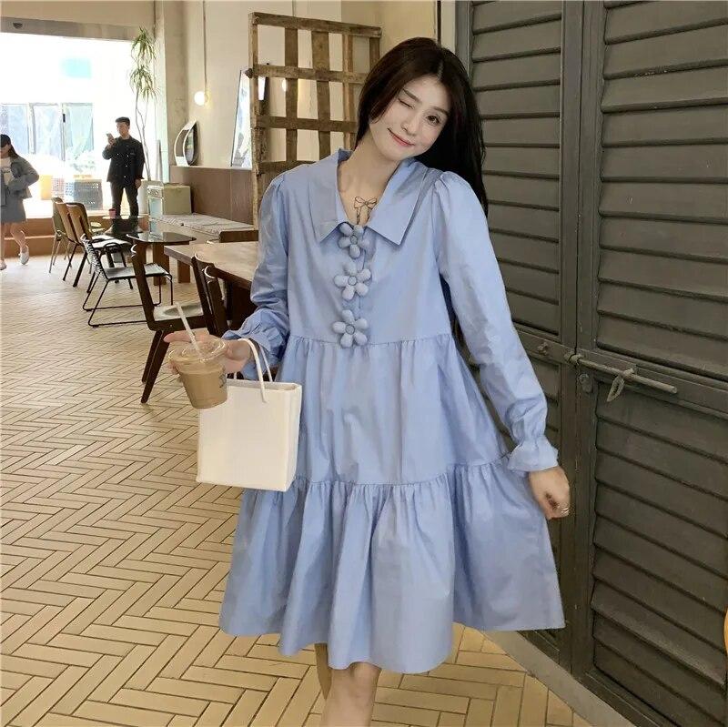 Платья Женские 3D Цветы Y2k Осень Ярко-сладкий Корейский Стиль Простой С Длинным Рукавом High Street Универсальные Темперамент До Колена Повседневные