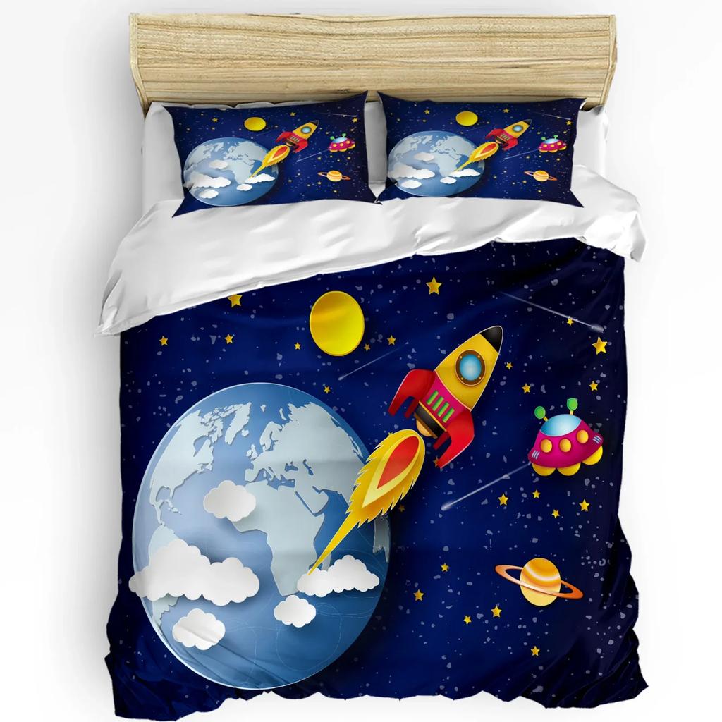 Outer Space Cartoon Cute Spaceship Rocket Duvet Cover with Pillow Case 3pcs Bedding Set Quilt Cover Double Bed Home Textile