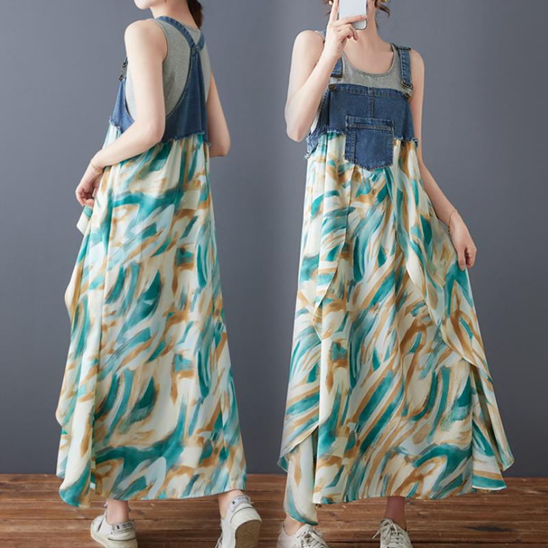 DIMANAF 2025 New Summer Women Plus Size Loose Vintage Printing Dress Basic Denim Spliced Sundress Casual Long Dress