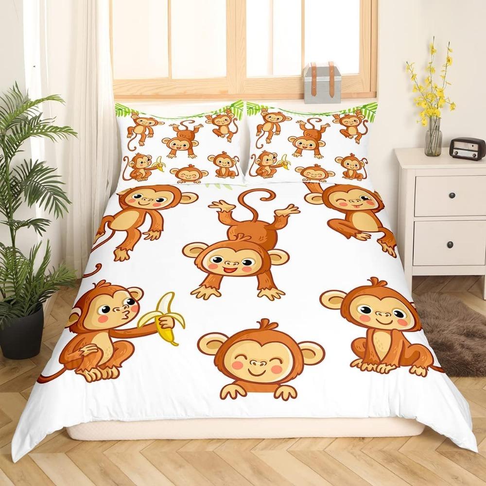 Милый комплект постельного белья с обезьянками, Декоративная простыня с мультяшными обезьянками и бананами, Детский взрослый комплект постельного белья с микрофибровой застежкой-молнией