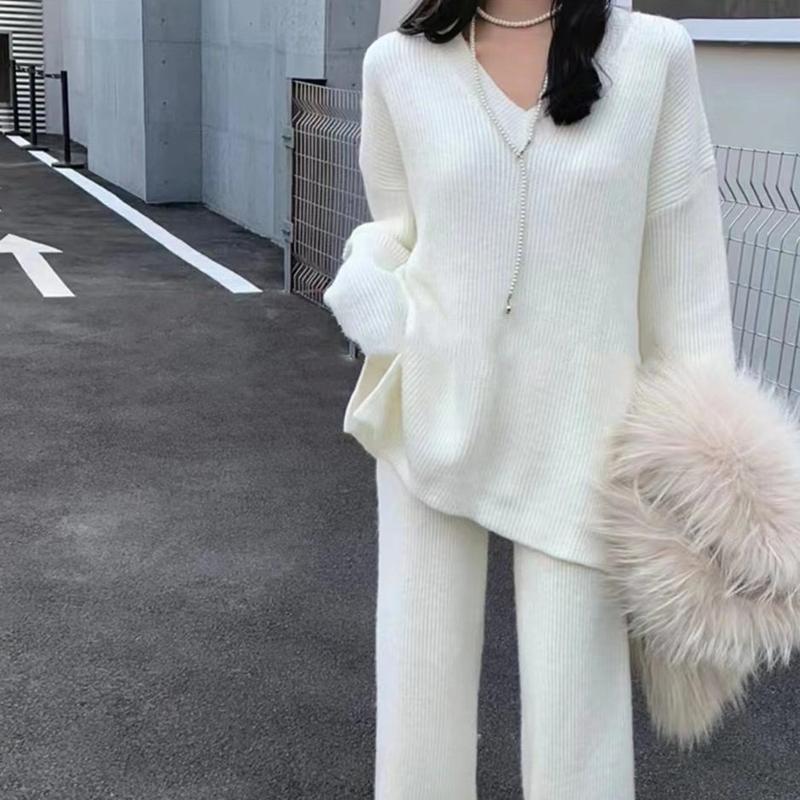 Женский облегающий вязаный костюм с напуском на весну и осень, свободный свитер с v-образным вырезом + широкие брюки с высокой талией, комплект из двух предметов