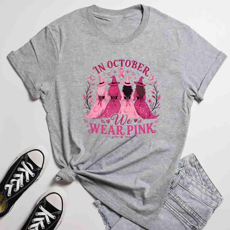In October We Wear Pink TShirt Retro Y2k Breast Cancer Awareness Tee Funny Halloween Pink Ribbon Witch Top