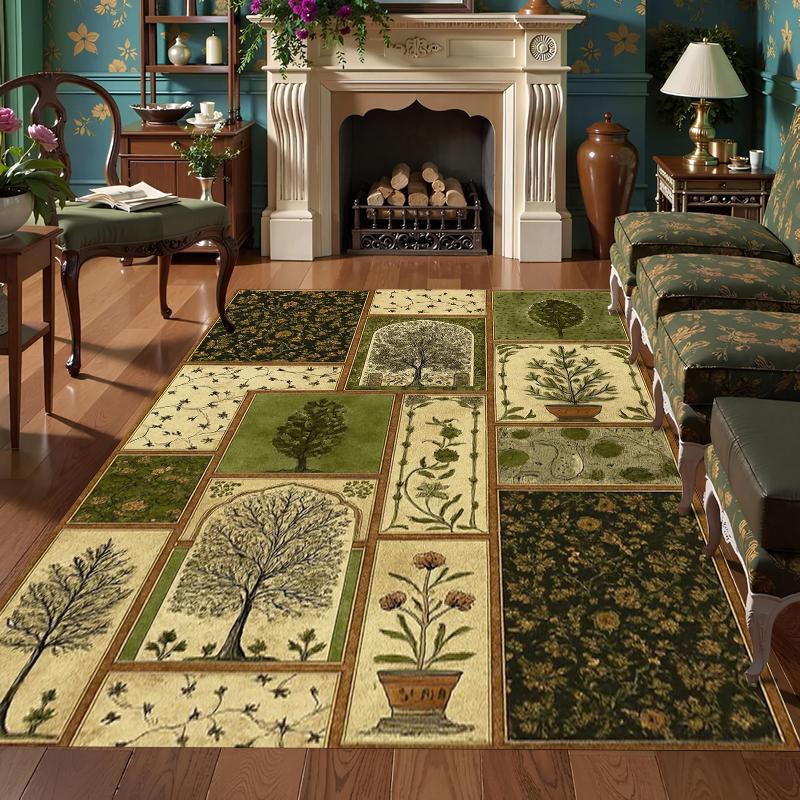 Anti Slip Point Plastic Bottom Carpet Home Patchwork Grid Retro Pattern Multifunctional Style Living Room Carpet Easy To Clean