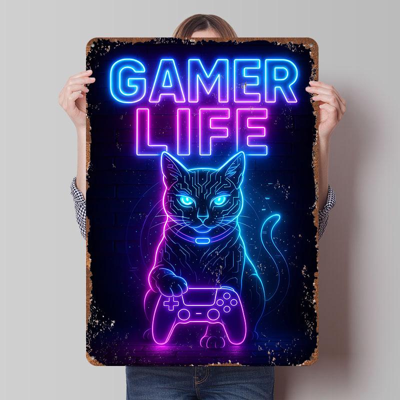 Gamer Life Neon Cat Printed Poster Customized Wall Art Retro Vintage Metal Tin Signs for Modern Home Decoration Luxury Wand Deko