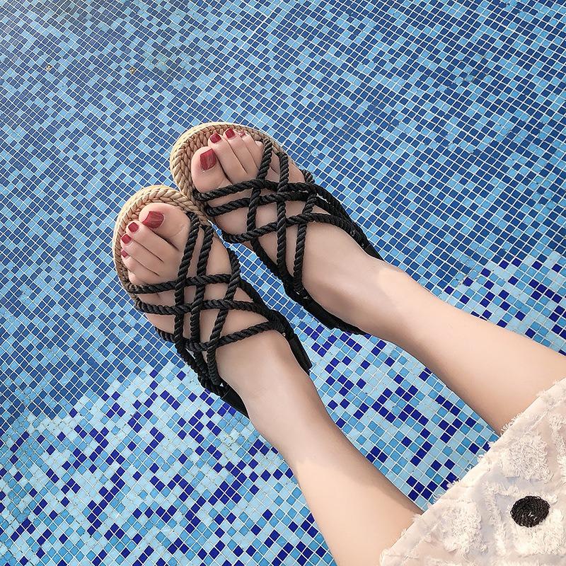 Сандалии женские с плоской подошвой из пеньковой веревки с перекрестными ремешками женские туфли с открытым носком повседневные пляжные сандалии
