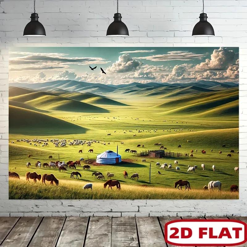 One 2D flat banner, designed in the style of the Mongolian grassland, is perfect for wall decoration in rooms or gardens.