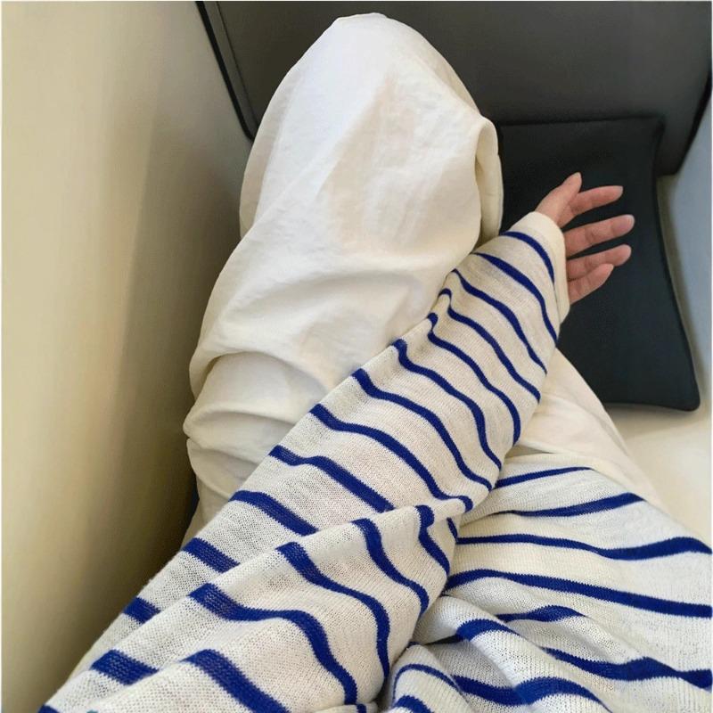 Простая ленивая полосатая футболка с длинным рукавом женская летняя свободная тонкая дышащая блузка-топ из ледяного шелка для верхней одежды