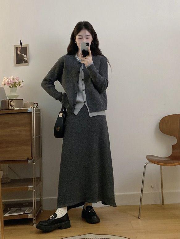 Женский модный вязаный костюм-двойка с юбкой для осени/зимы – стильный и повседневный