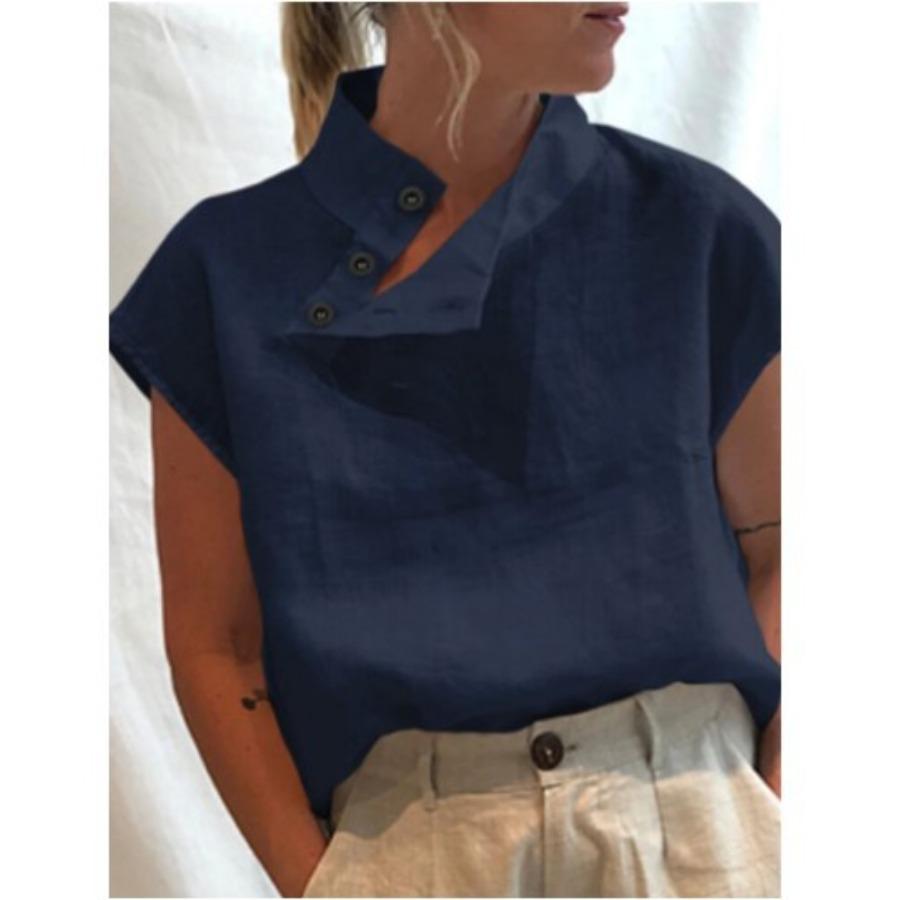 Womens Casual Blouse Summer Side Button Cotton Blouse Solid Color Short Sleeve Linen Tops Casual Ladies Breathable Shirt