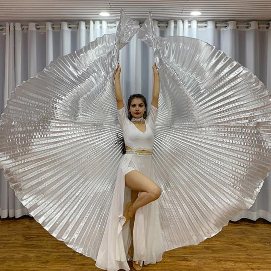 1 Set Performance Telescopic Rod 360 Wings Egyptian Degree Belly Dance Cape with Costume Pleated Bright