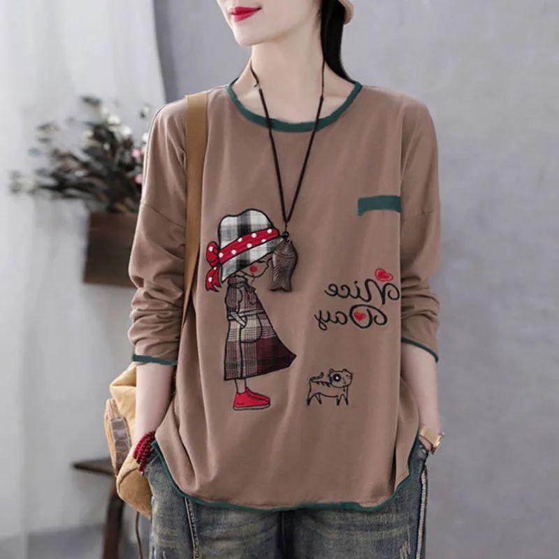 Весенняя и осенняя корейская версия футболки, женская свободная рубашка с длинными рукавами, женская футболка с круглым вырезом для женщин