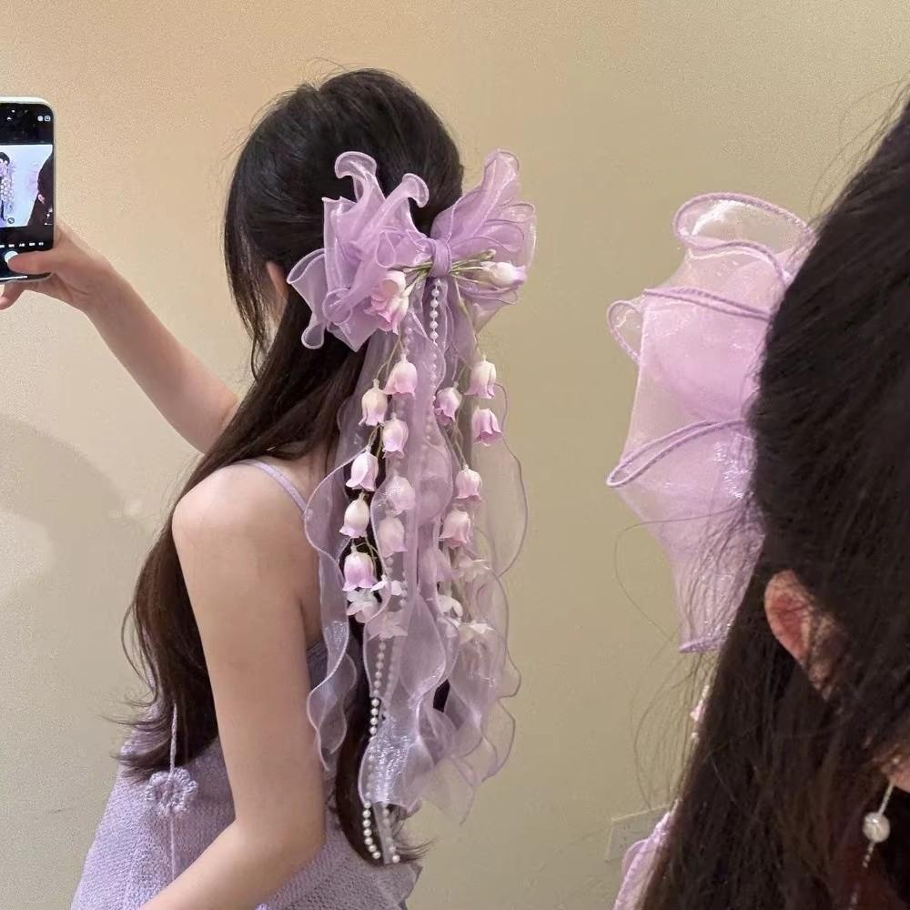 Sweet Fairy Flower Hair Clip Long Ribbon Flower Hairpin Temperament Lace Bow Duckbill Clip  Women