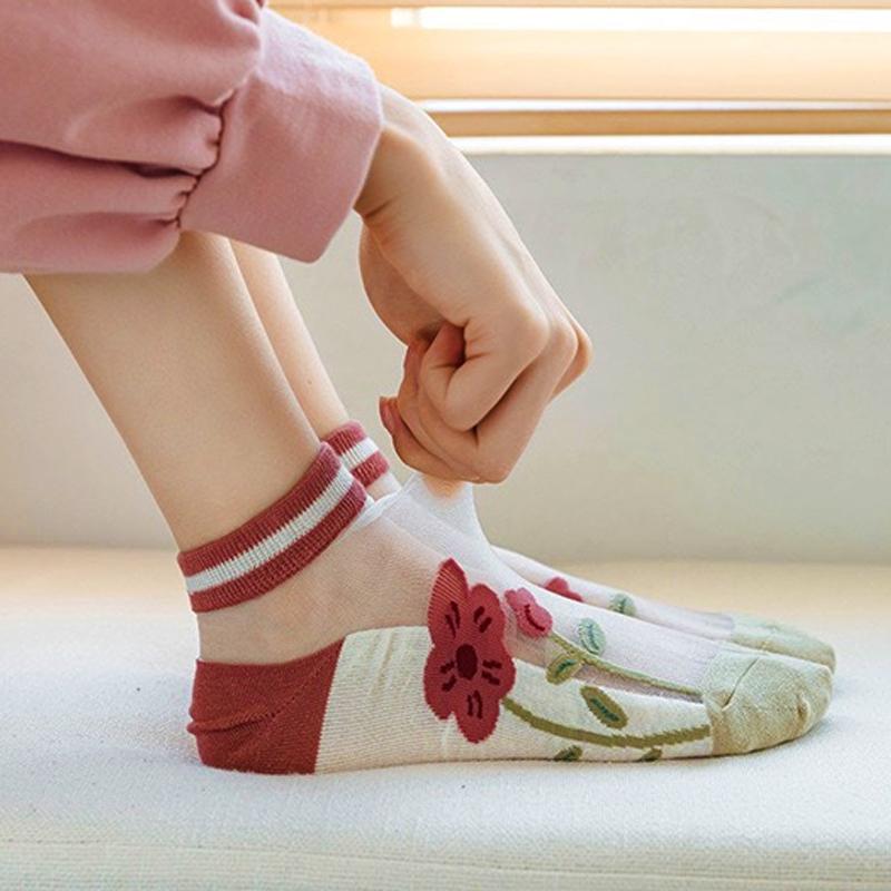 5 пар женских носков Harajuku, летние носки с кружевом и рисунком, повседневные носки, прозрачные эластичные короткие носки для школьниц