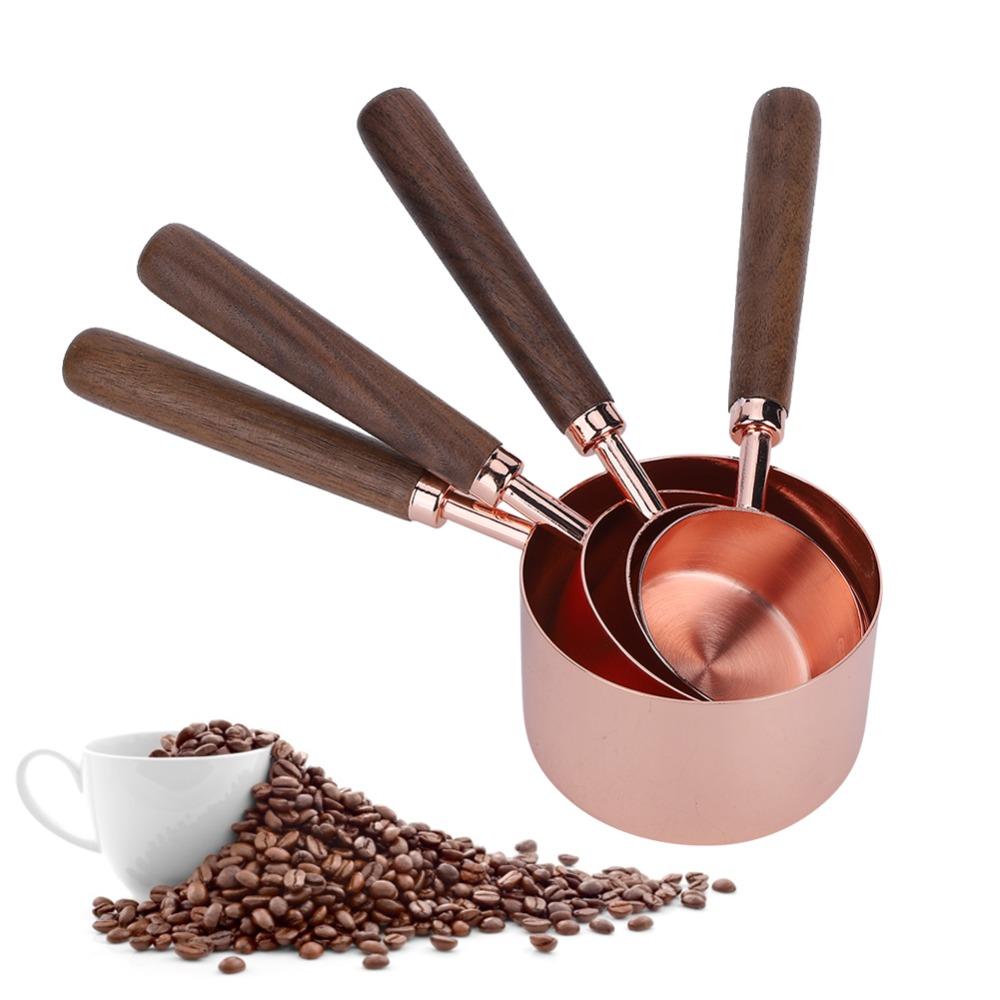 4PC Set Wooden Handle Measuring Cup Set Rose Gold Finish Kitchen Measuring Tools For Baking