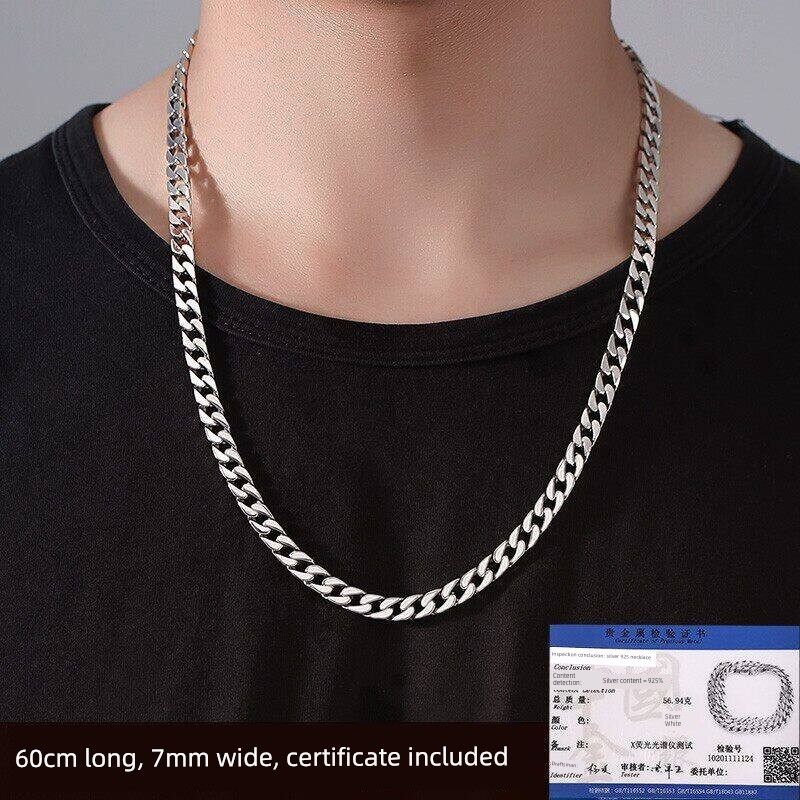 Sterling Silver S925 Cuban Necklace European and American Style Men's Fashion Versatile Unisex Trendy Personality Hip-Hop Chunky Bold Chain