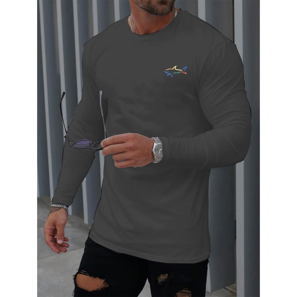 Мужская весенне-осенняя удобная повседневная футболка с принтом акулы, с круглым вырезом и длинным рукавом