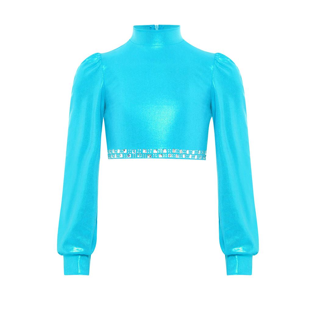 Girls Jazz Dance Top Mock Neck Long Sleeves with Invisible Zipper Back Shiny Rhinestones Metallic Dancewear