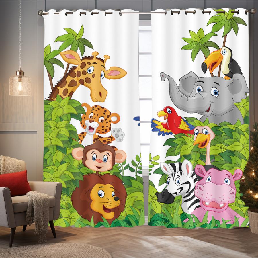 2 шт. штор с принтом в виде льва, слона, обезьяны, жирафа, украшенных мультяшными животными для спальни и гостиной