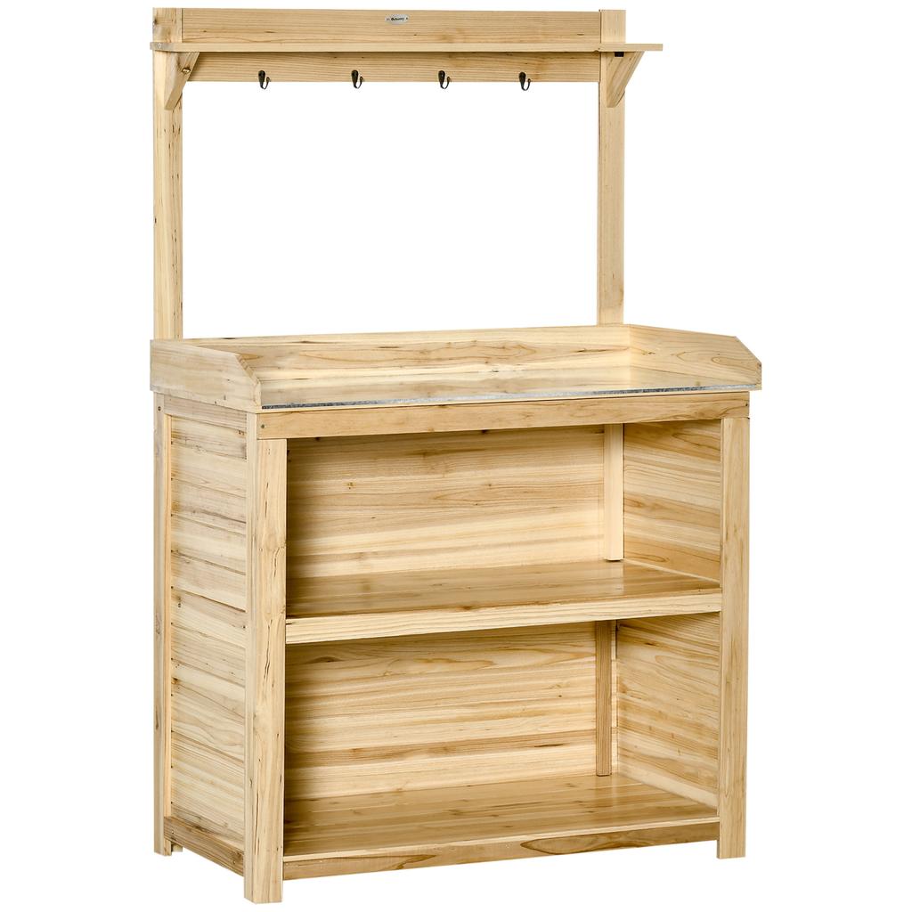 Garden Potting Bench Table Wooden Workstation Bench W Galvanized Metal Tabletop Storage Shelves And Hooks Natural