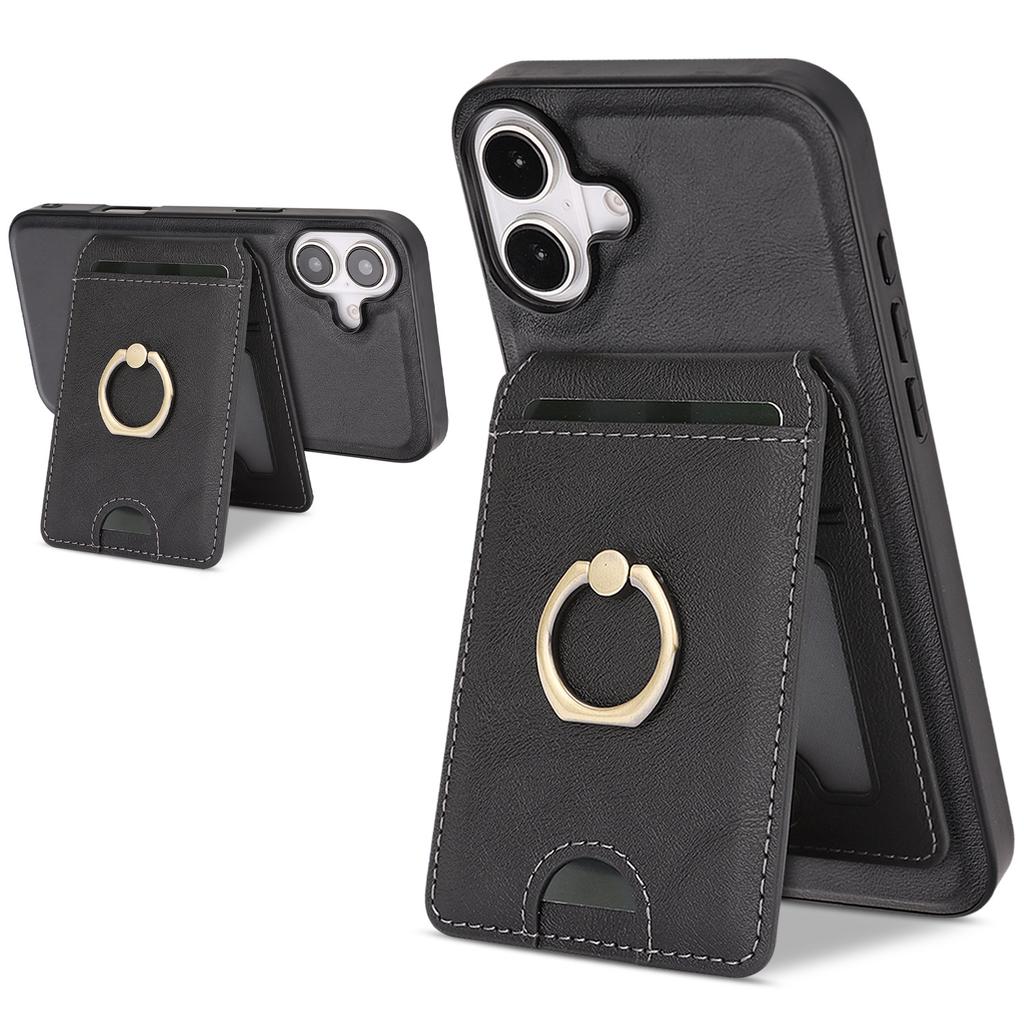 Detachable Magnetic Card Wallet Leather Case for iPhone 16 Pro Max 17 Air 16e 15 14 13 12 Wireless Charging+Ring Holder Cover
