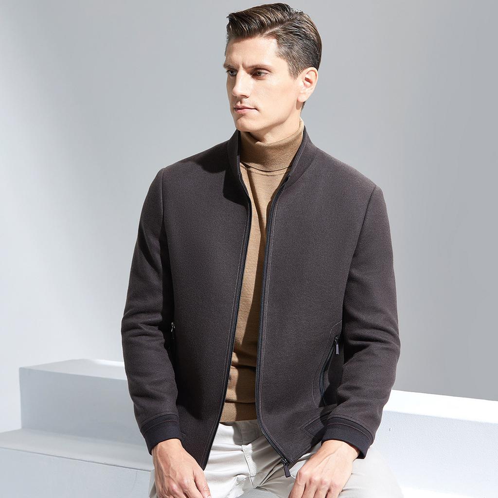 Light luxury stand up collar woolen jacket with thickened cotton and wool, men's solid color business casual autumn and winter warm jacket