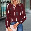 Women's Spring Summer V-neck Feather Print Long Sleeve Loose T-shirt Top for Women