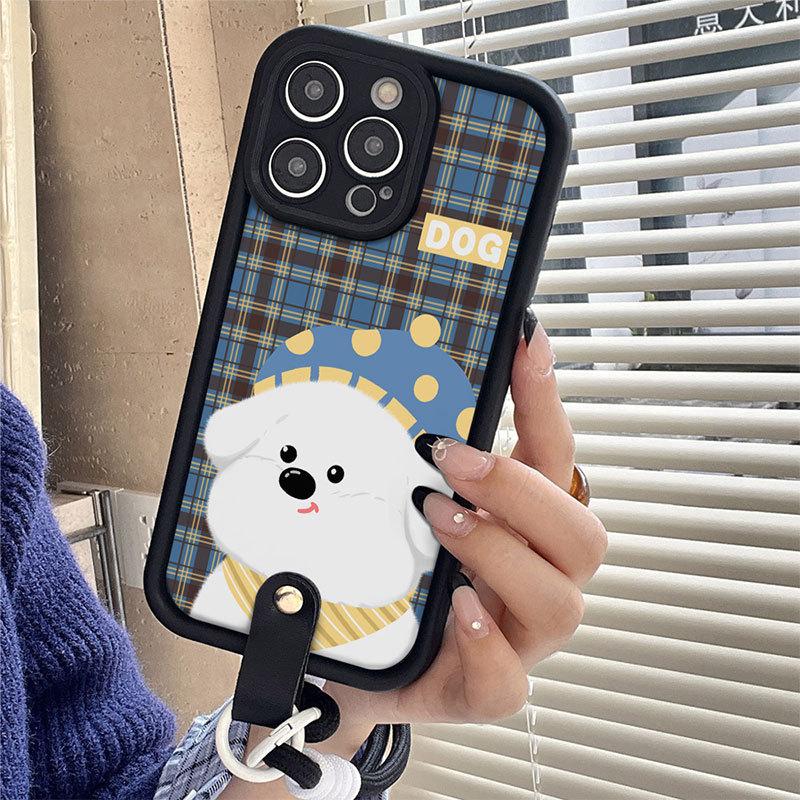 New Checked Puppy Soft Shell Suitable for Apple 16promax Mobile Phone Case Lanyard Iphone15 14 Protection Case