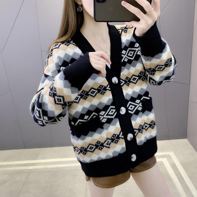 Женский осенне-зимний полосатый повседневный топ с V-образным вырезом, длинный рукав, трикотажный свитер, кардиган