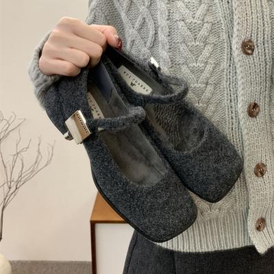 Туфли Мэри Джейн Мао Мао Женская Зимняя Верхняя Одежда Новые Французские Ретро Шерстяные Туфли на Толстом Каблуке Женские Туфли на Высоком Каблуке с Флисовой Подкладкой