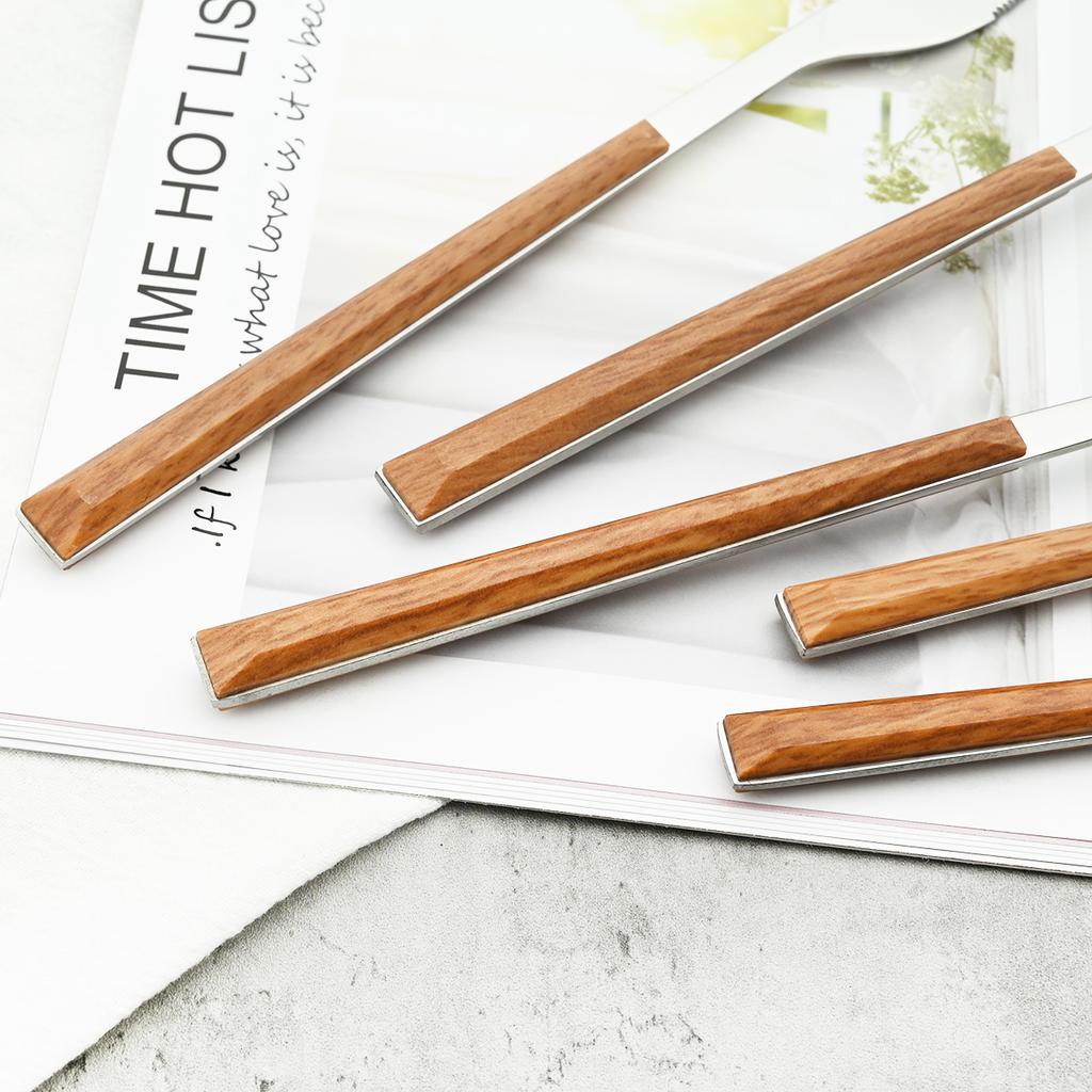 16/24/30Pcs Gold Imitation Wooden Handle Dinnerware Cutlery Set Stainless Steel Tableware Knife Fork Spoons Silverware Western Flatware