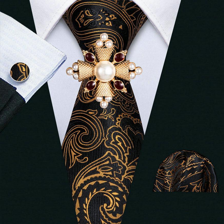 16 стилей галстука с жемчужной брошью для мужчин, тканый галстук с узором пейсли, носовой платок, запонки, комплект, свадебный формальный комплект