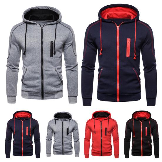 Контрастные цвета Толстовка Пальто Кардиган Плотный Повседневный Длинный рукав Молния Мужское Пальто для повседневной носки