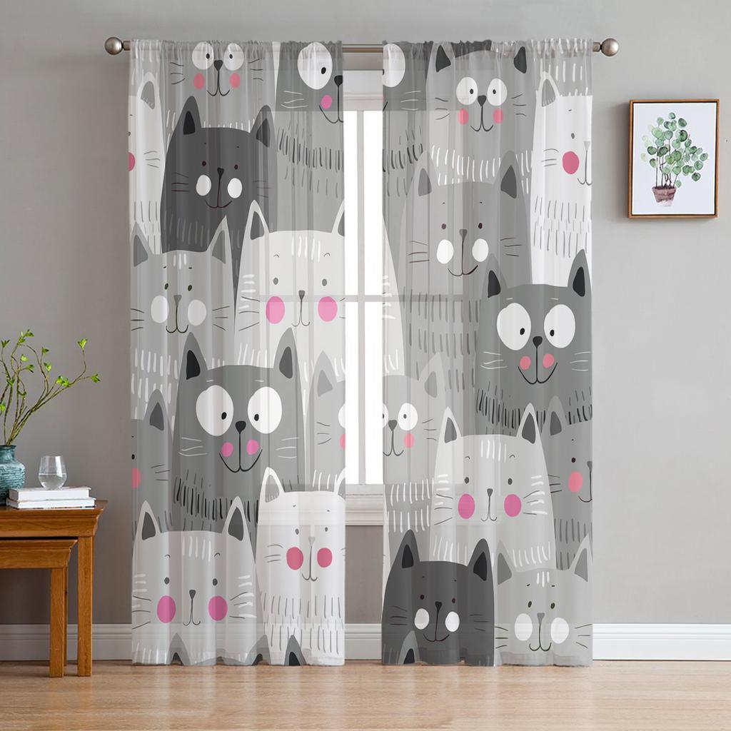Cartoon Animal Cat Sheer Voile Curtains for Living Room Bedroom Printed Tulle Window Curtain Luxury Home Balcony Decor Drapes