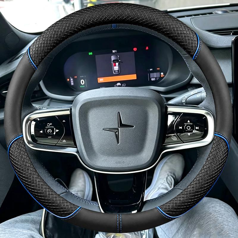 Для Volvo Polestar 2 XC40 Sport 2018-2025 Оплетка Перфорированная Дышащая Черная Кожа Синяя Строчка Накладка на Руль Автомобиля