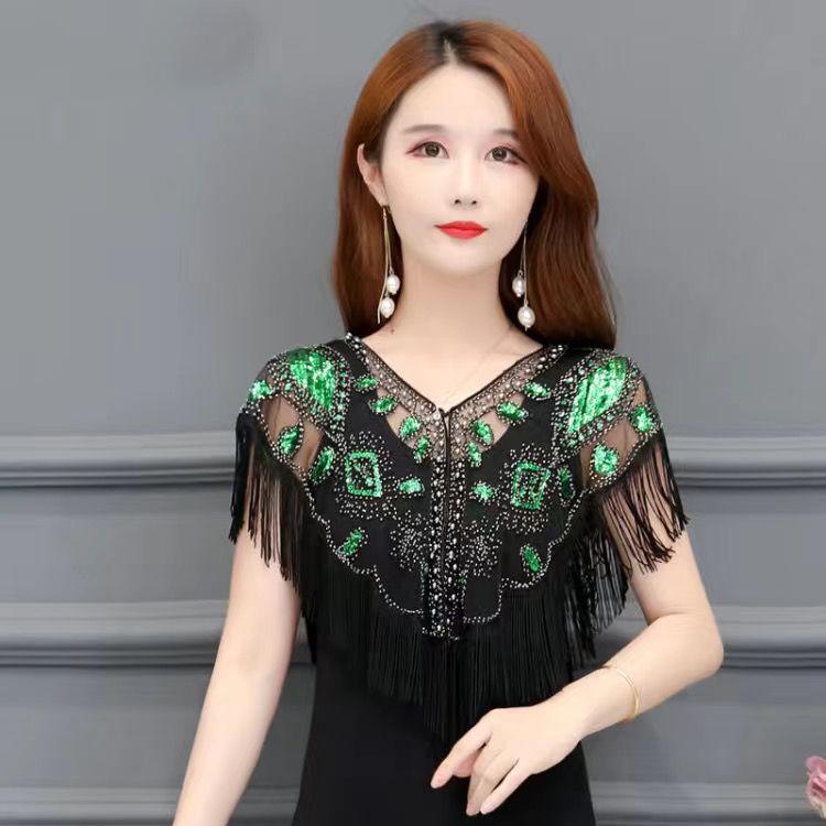 Women 1920s Sequined Shawl with Tassels Beaded Pearl Fringe Sheer Mesh Wraps Gatsby Flapper Bolero Cape Cover Up