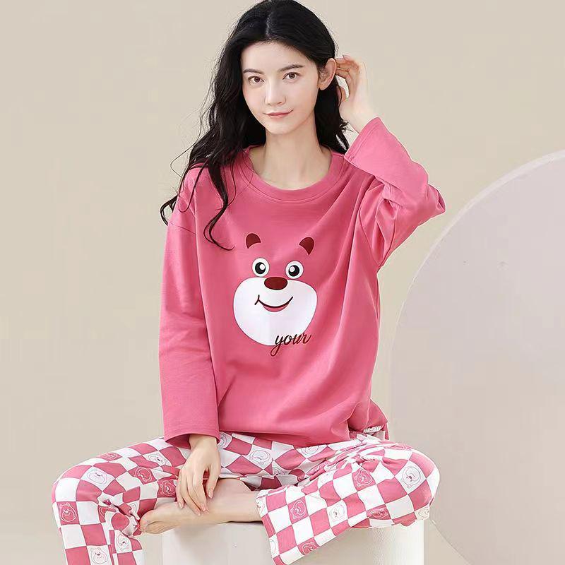 Женский пижамный комплект с длинным рукавом - Милый мультяшный принт, Большой размер, для весны и осени, для дома/улицы