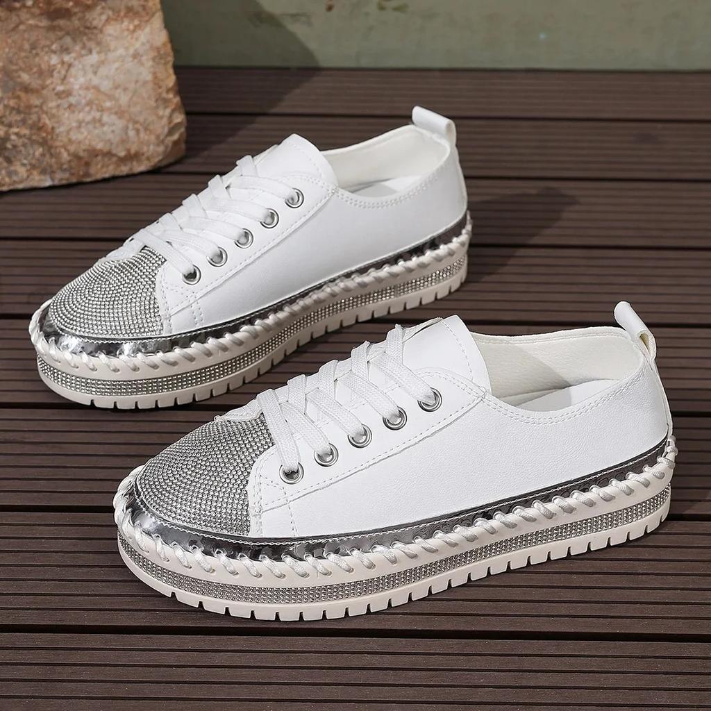 Fashion Plus Size 43 Women's Casual Flat Shoe 2025 New Style Rhinestone Design Woman Sneakers Comfortable Platform Shoe