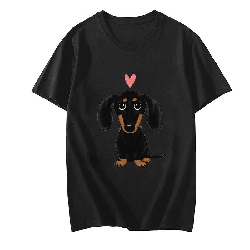 Black and Tan Dachshund with Heart Retro Y2K Funny T-Shirt Female Summer Cute Cartoon Wiener Dog Fashion Tee Top Casual Tops 2k
