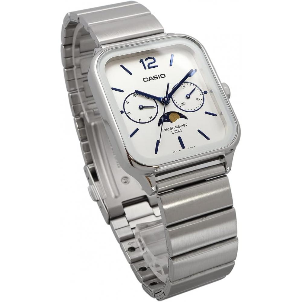 CaSio Men S Analog Moon phaSe Watch Metal Band Silver Mtp M305d 7av