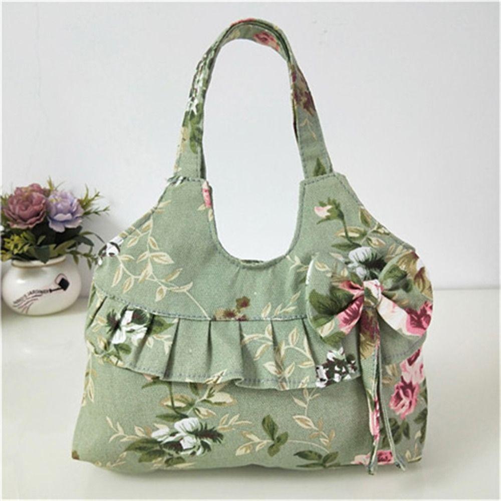 Retro Women Canvas Handbag Bow Shoulder Bag Female Flower Printed Fashion Small Canvas Bag