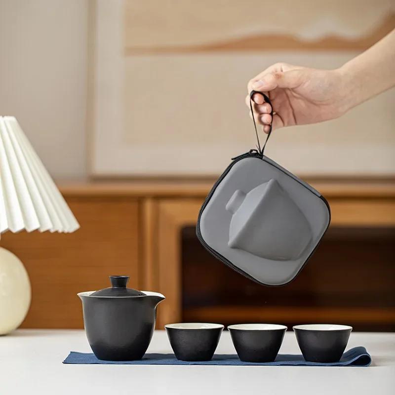 Портативный чайник, чайный набор, дорожный чайный набор, керамическая посуда для кунг-фу, походная переносная сумка, китайский чайный набор, 1 миска, 3 чашки