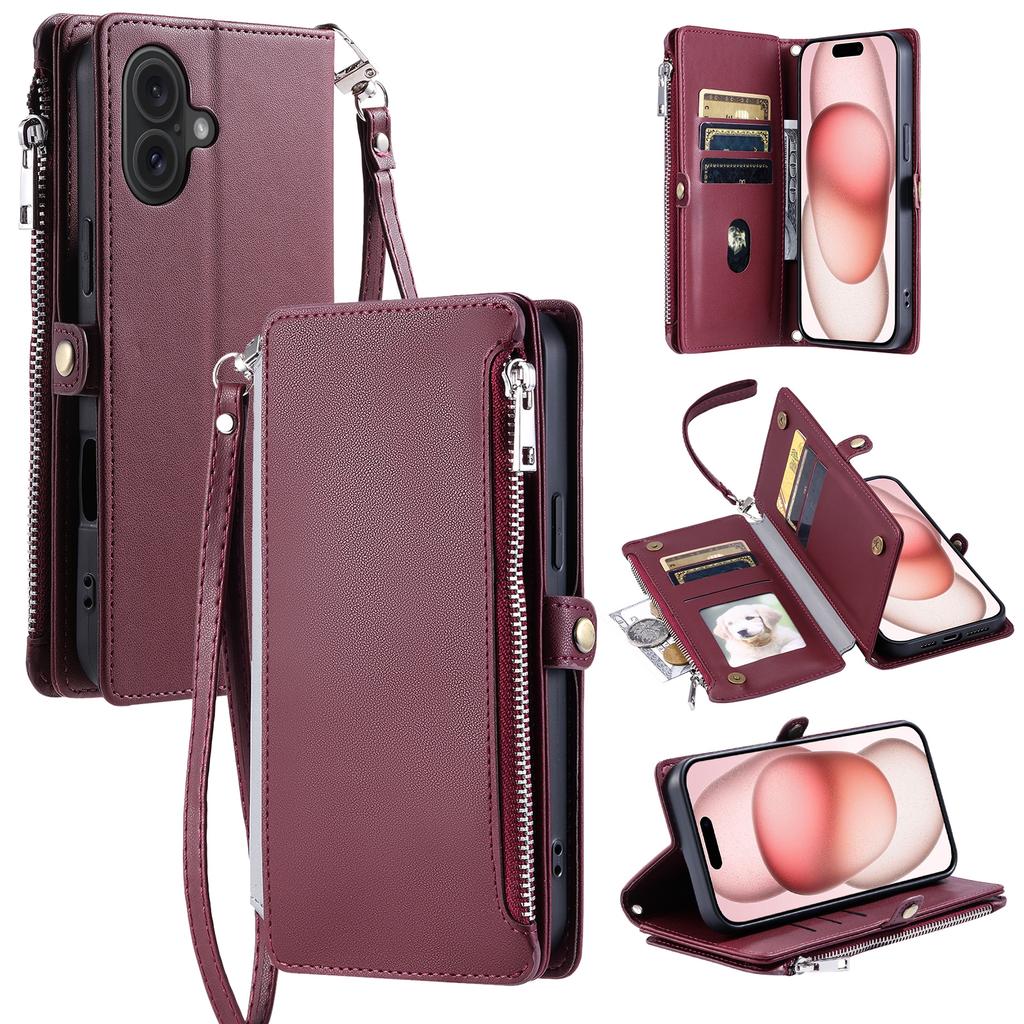 015 Style For iPhone 16 Plus Case Scratch-Resistant Leather Wallet Phone Cover with Straps