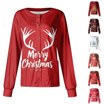 Женский однобортный защитный комбинезон с длинным рукавом, рисунком, карманом, рождественским принтом, воротником-стойкой, кардиганом и курткой