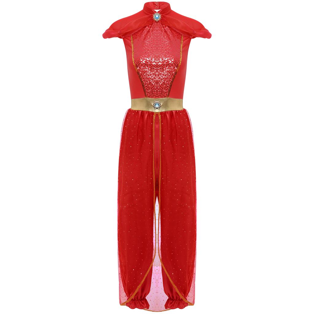 Женский комбинезон арабской принцессы, украшенный драгоценностями, с блестящей накидкой, цельный ромпер, костюм для танца живота на Хэллоуин