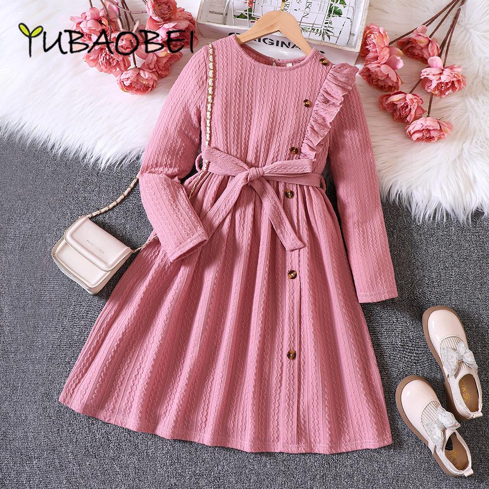 Платье с длинным рукавом для девочек, детская одежда, весна-осень, трикотажные платья с открытой грудью для детей от 5 до 12 лет