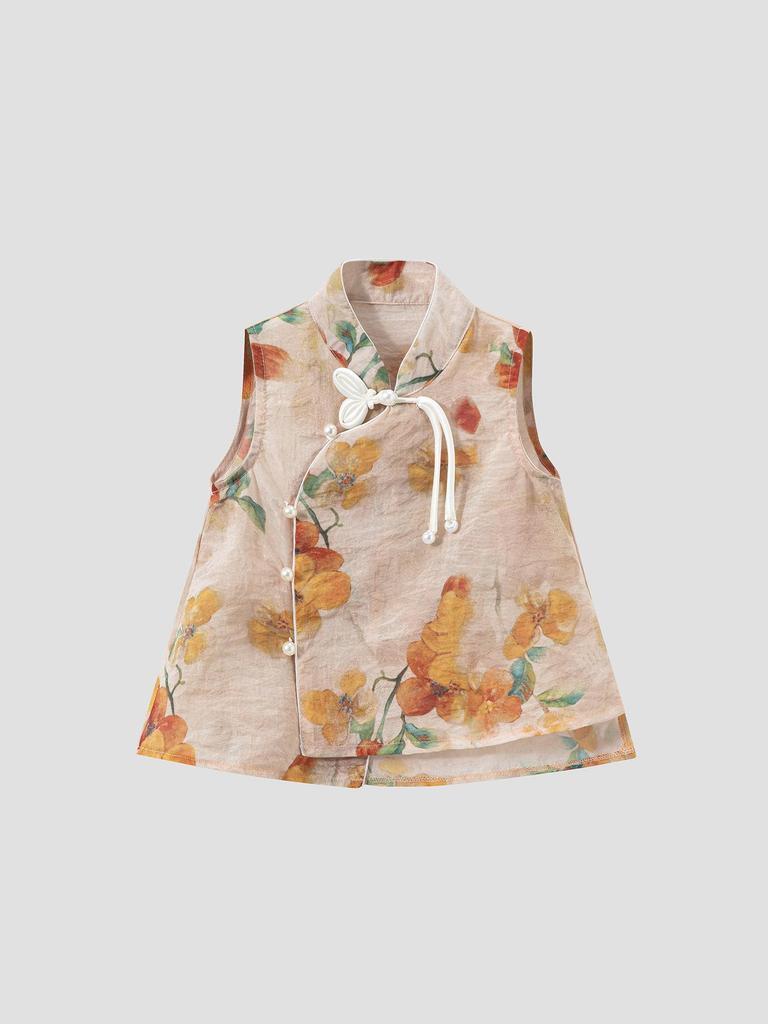 Летний ханьфу для девочек 2025: Новый топ в китайском национальном стиле и брюки широкого кроя, детский костюм-двойка.