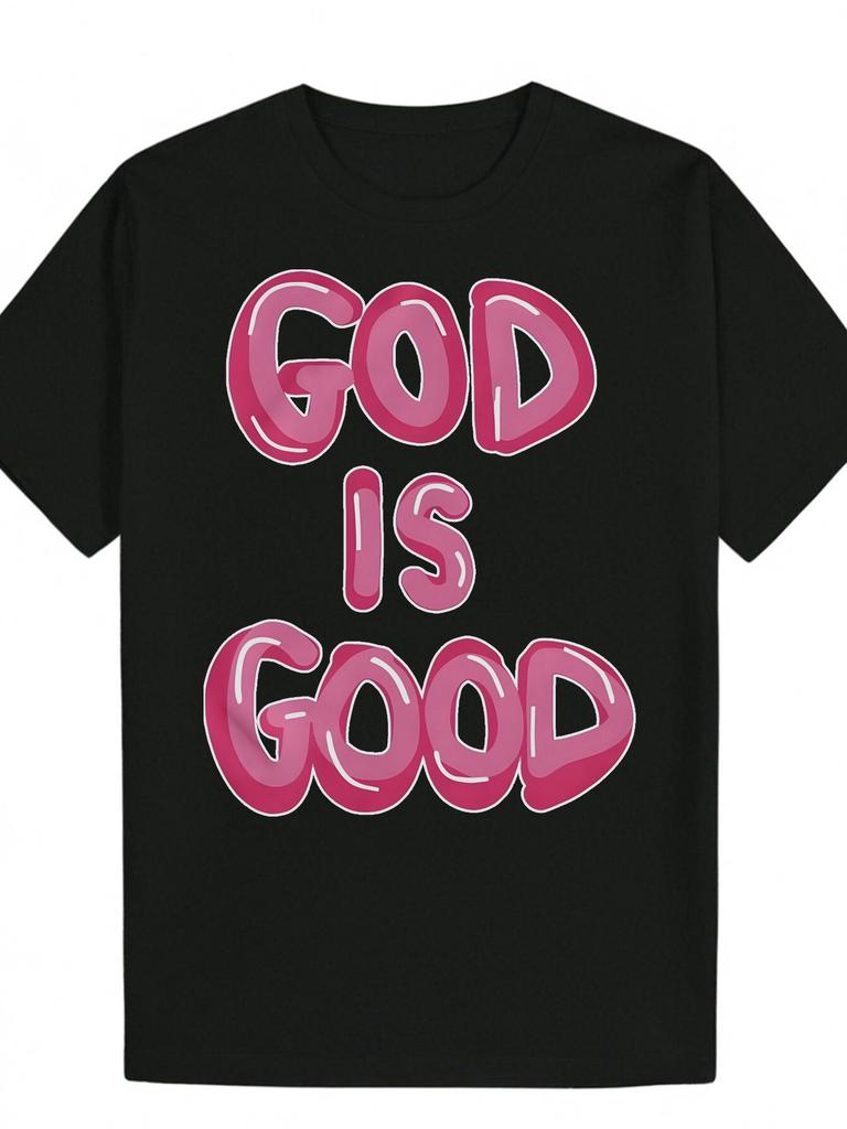 Полиэстеровая футболка с круглым вырезом и смелой розовой надписью "GOD IS GOOD" - Легкая и дышащая